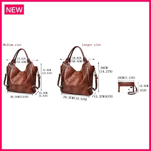 PU Leather Hobo Tote Bag with Adjustable Strap Multi-Pocket Organizer